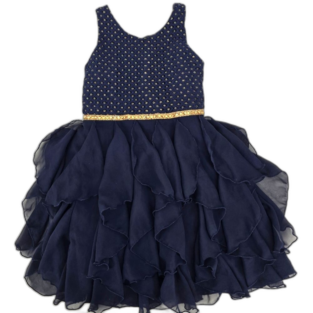 Emily West Girls Navy Blue Gold Party Tiered Ruffle Dress Size 7